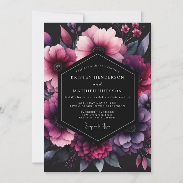 Invitation Mariage Fleurie d'Ombre Magenta (Devant)