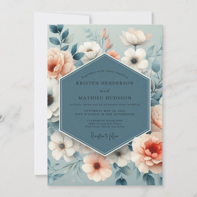 Invitation Mariage Fleurie Douce Bleu Ardoise (Devant)