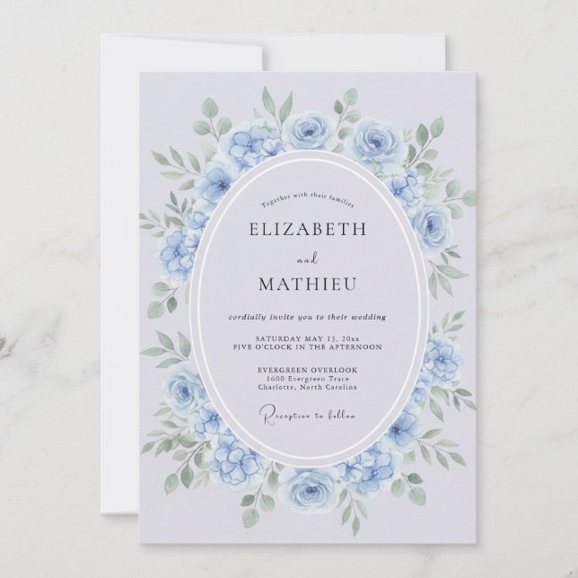 Invitation Mariage Fleurie Douce Bleu Poudre (Devant)