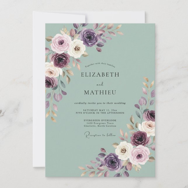 Invitation Mariage Fleurie Douce de Prune (Devant)