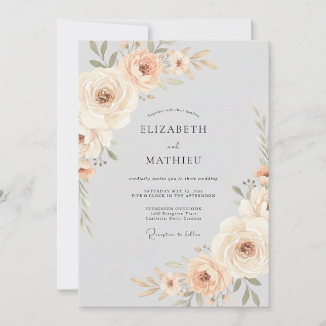 Invitation Mariage Fleurie Douce Pêche (Devant)