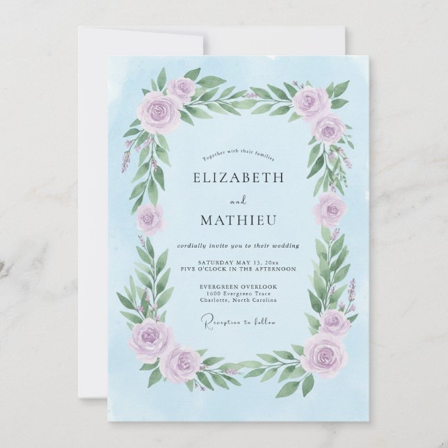 Invitation Mariage Fleurie Douce Pervenche (Devant)