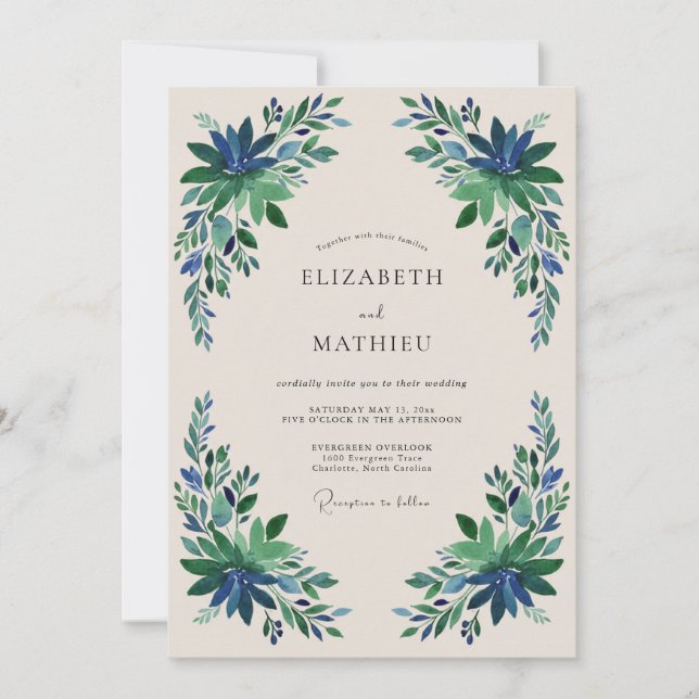 Invitation Mariage Fleurie Émeraude Bleu (Devant)
