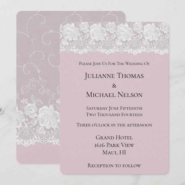 Invitation Mariage Fleurie en Dentelle Rose Orchidée Blanche  (Devant / Derrière)