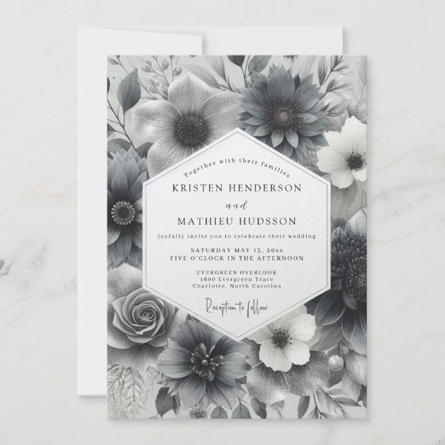 Invitation Mariage Fleurie en Nuances de Charbon (Devant)