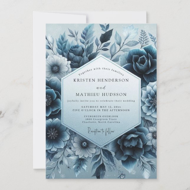 Invitation Mariage Fleurie en Velours Bleu Ardoise (Devant)