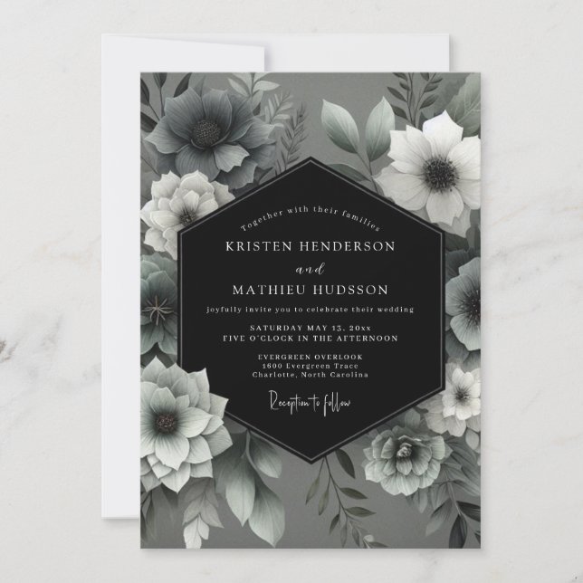 Invitation Mariage Fleurie Fantomatique au Charbon (Devant)