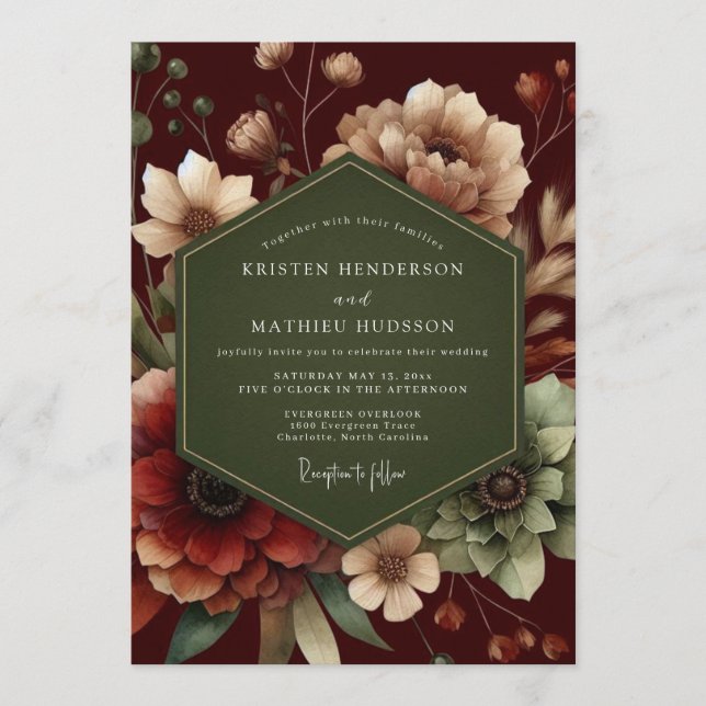 Invitation Mariage Fleurie Forêt Carmin (Devant)