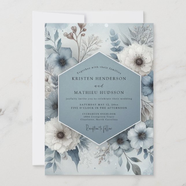 Invitation Mariage Fleurie Givrée Bleu Acier (Devant)