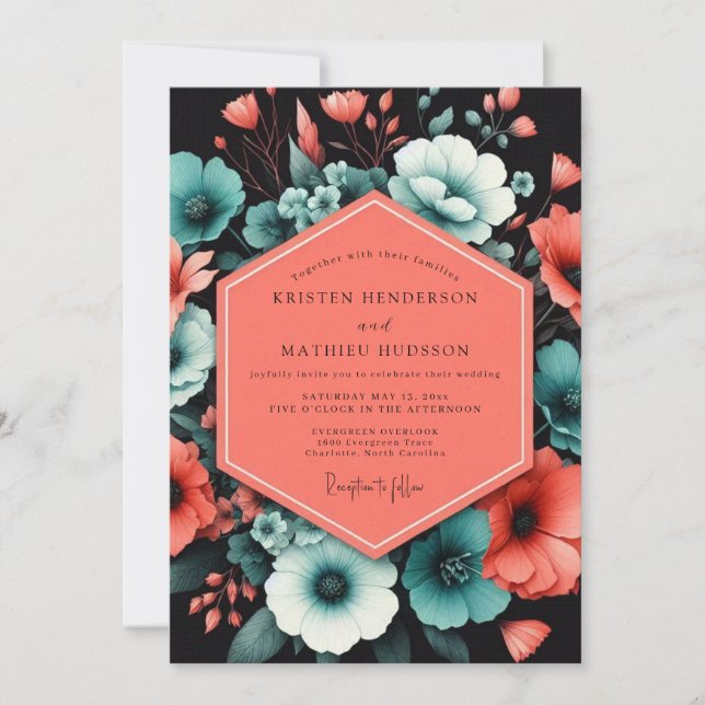 Invitation Mariage Fleurie Gras Teal Bold (Devant)