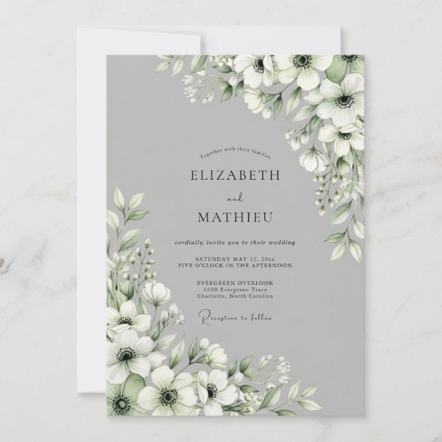 Invitation Mariage Fleurie Gris (Devant)