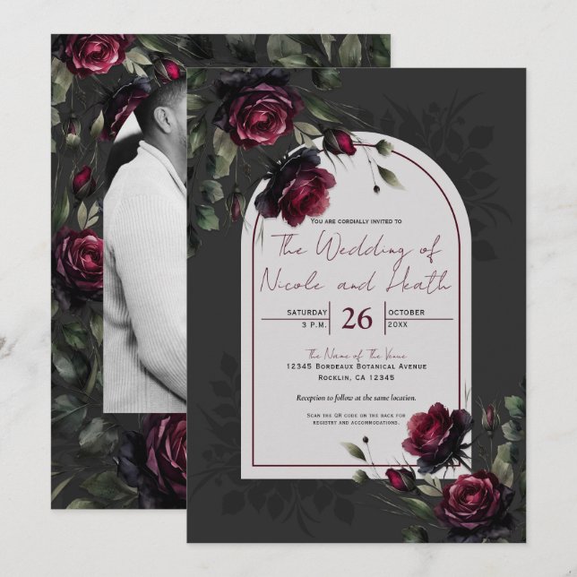Invitation Mariage Fleurie Gris Ombreux Roses Rouges Bordeaux (Devant / Derrière)