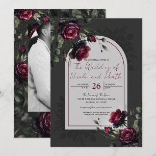 Invitation Mariage Fleurie Gris Ombreux Roses Rouges Bordeaux