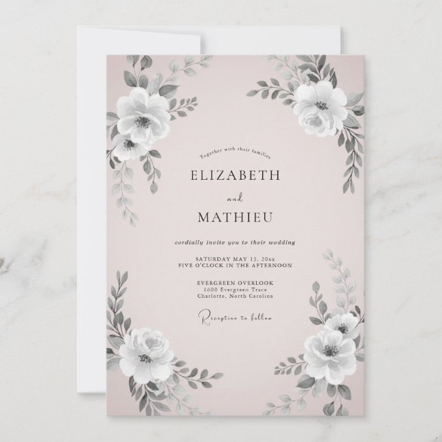 Invitation Mariage Fleurie Grise Champagne (Devant)