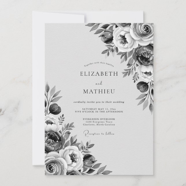 Invitation Mariage Fleurie Grise Peinte (Devant)