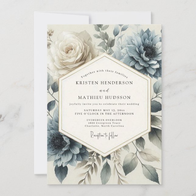 Invitation Mariage Fleurie Héritage Bleu Ardoise (Devant)