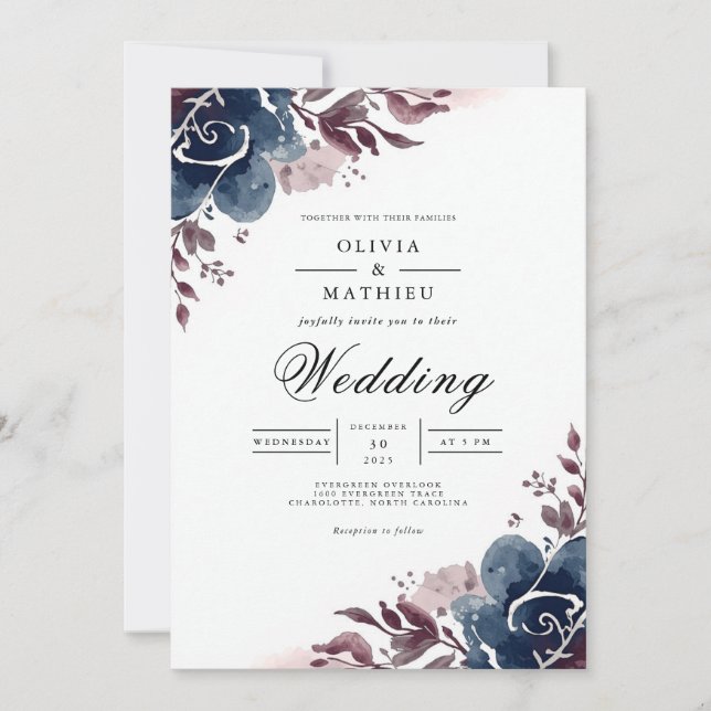 Invitation Mariage Fleurie Indigo (Devant)