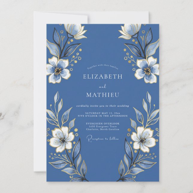 Invitation Mariage Fleurie Indigo Flourissant (Devant)