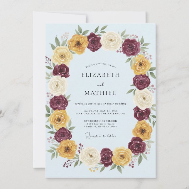 Invitation Mariage Fleurie Jaune Bourgogne (Devant)