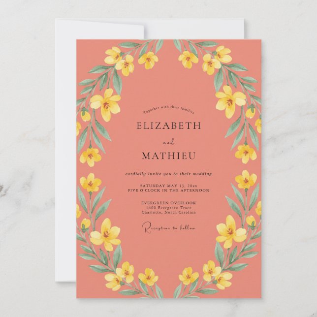 Invitation Mariage Fleurie Jaune Corail en Fleurs (Devant)