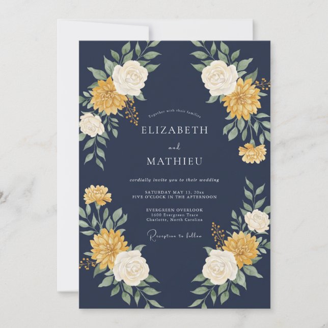 Invitation Mariage Fleurie Jaune Navy (Devant)