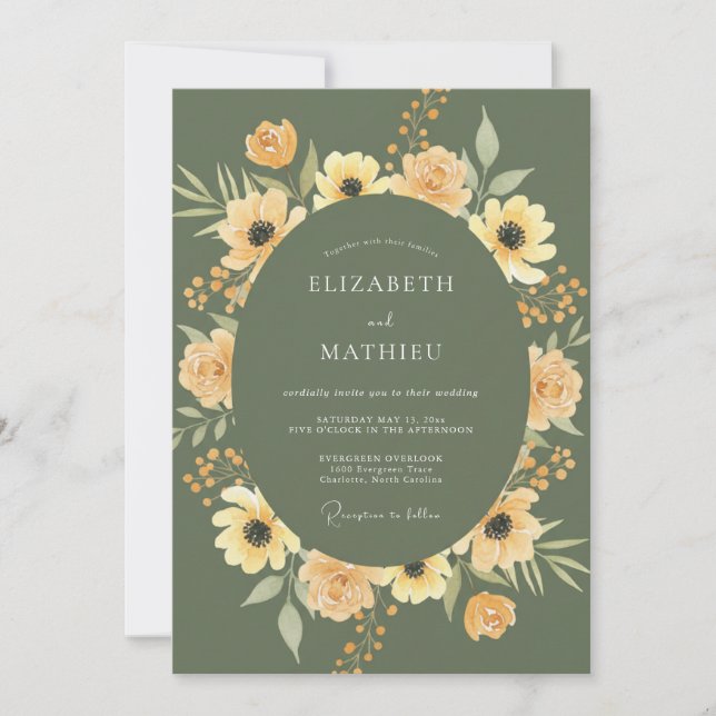 Invitation Mariage Fleurie Jaune Olive en Fleur (Devant)