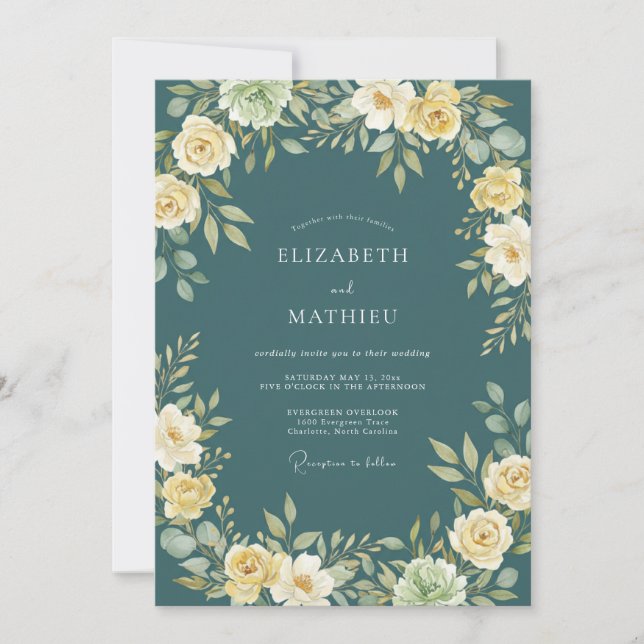 Invitation Mariage Fleurie Jaune Turquoise Prospère (Devant)