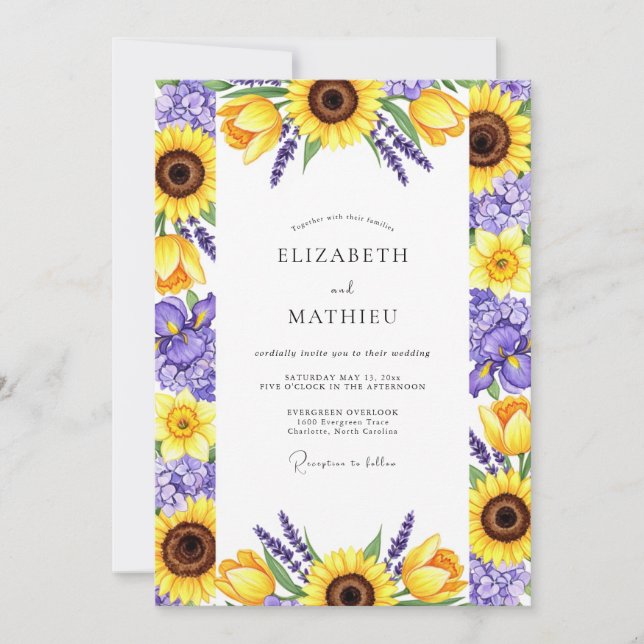Invitation Mariage Fleurie Jaune Violet (Devant)