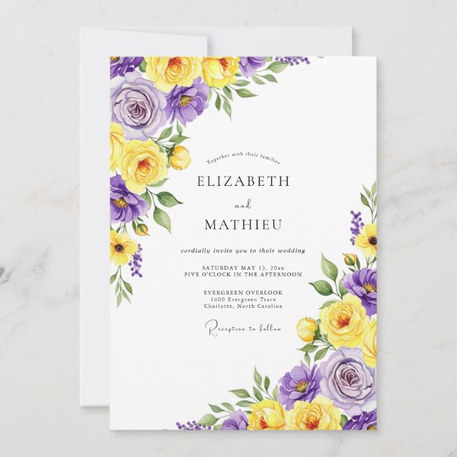 Invitation Mariage Fleurie Jaune Violet (Devant)