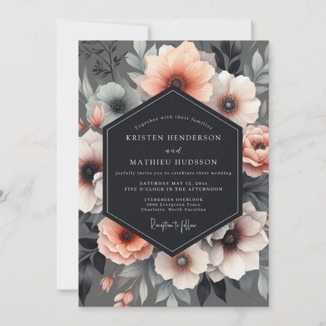 Invitation Mariage Fleurie Lumineuse au Charbon (Devant)
