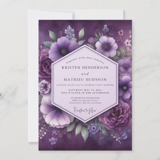 Invitation Mariage Fleurie Lumineuse d'Améthyste (Devant)
