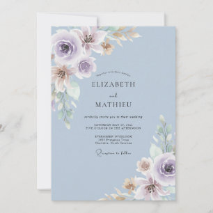 Invitation Mariage Fleurie Luxuriante Bleu Poussiéreux