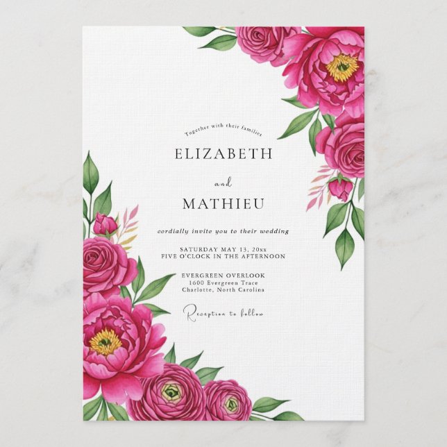 Invitation Mariage Fleurie Magenta Luxuriant (Devant)