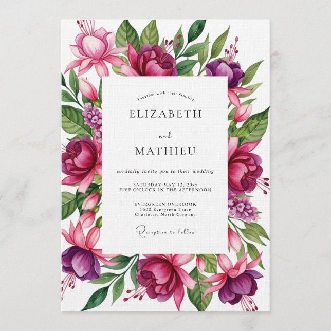 Invitation Mariage Fleurie Magenta Luxuriante (Devant)