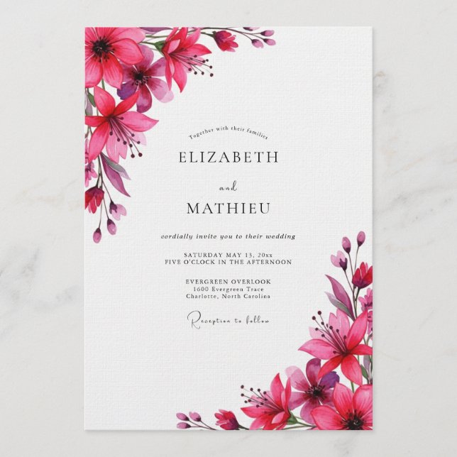 Invitation Mariage Fleurie Magenta Peint (Devant)