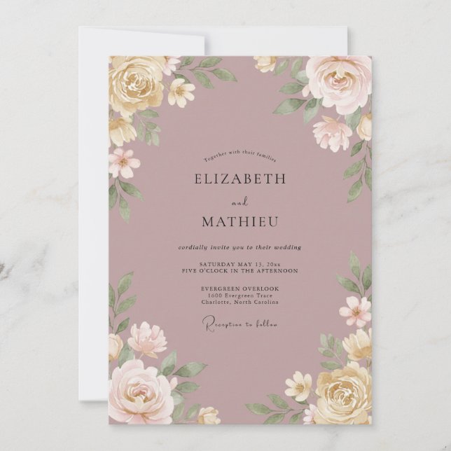 Invitation Mariage Fleurie Mauve Peintre (Devant)