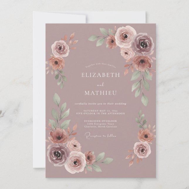 Invitation Mariage Fleurie Mauve Poussiéreux (Devant)