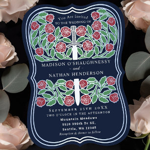 Invitation Mariage Fleurie Médiévale Royale Bleue Épée Argent