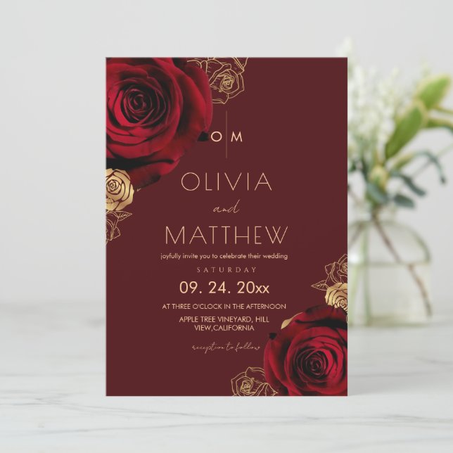 Invitation Mariage Fleurie Moderne Rouge & Or Bourgogne  (Debout devant)