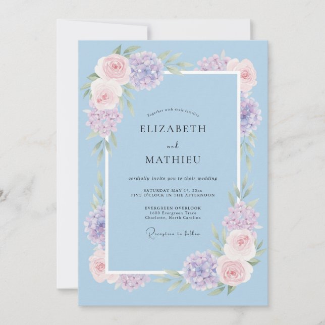 Invitation Mariage Fleurie Murmurante Bleu Ciel (Devant)
