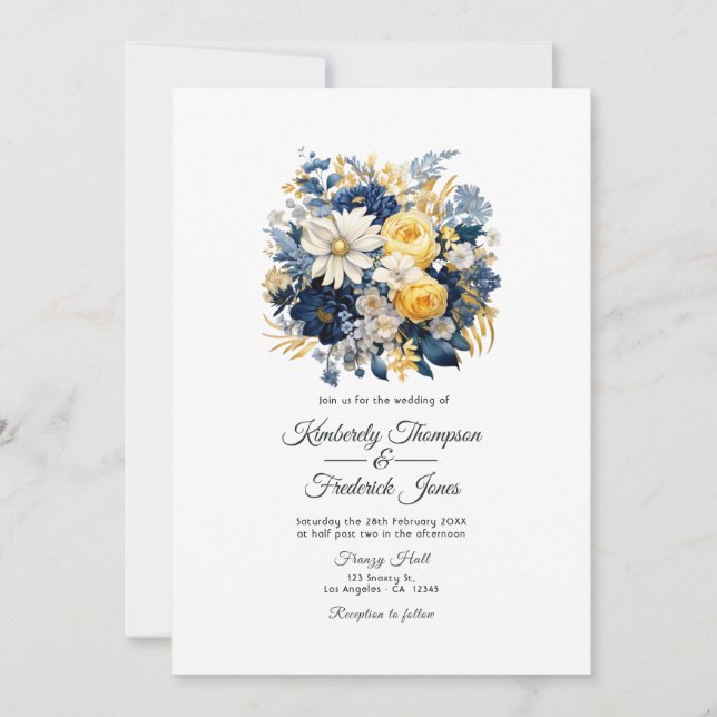 Invitation Mariage Fleurie Navy, Blanc et Or (Devant)