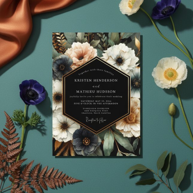 Invitation Mariage Fleurie Navy Bloom Moody (Créateur téléchargé)