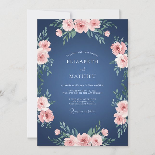 Invitation Mariage Fleurie Navy Blush (Devant)