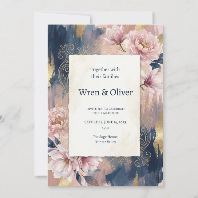 Invitation Mariage Fleurie Navy et Pêche (Devant)