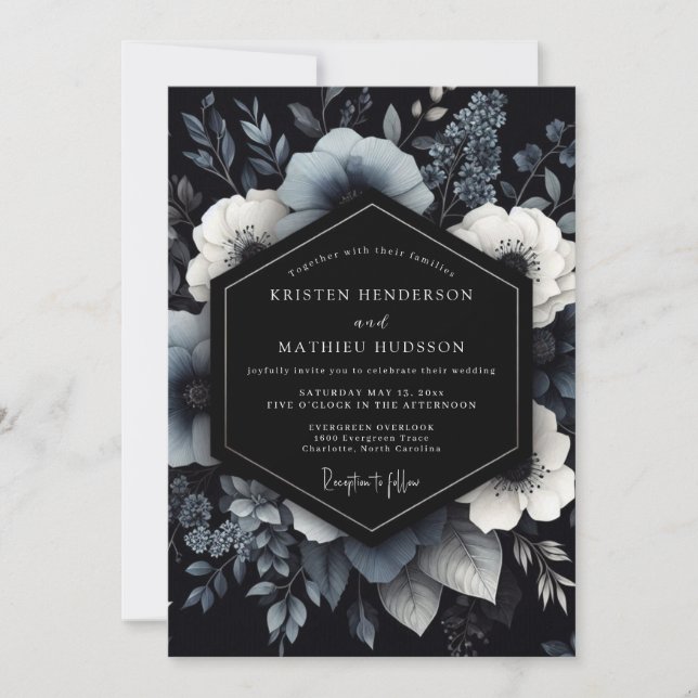Invitation Mariage Fleurie Navy Moody (Devant)
