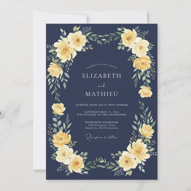Invitation Mariage Fleurie Navy Or (Devant)