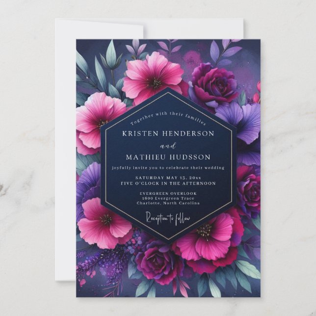 Invitation Mariage Fleurie Nocturne Magenta (Devant)
