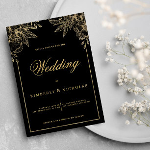 Invitation Mariage fleurie noir et or de luxe