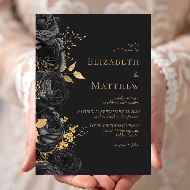 Invitation Mariage Fleurie Noir Romantique Or Foncé (Créateur téléchargé)