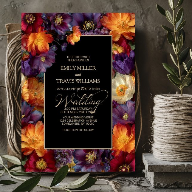 Invitation Mariage Fleurie Noir Violet et Orange (Créateur téléchargé)
